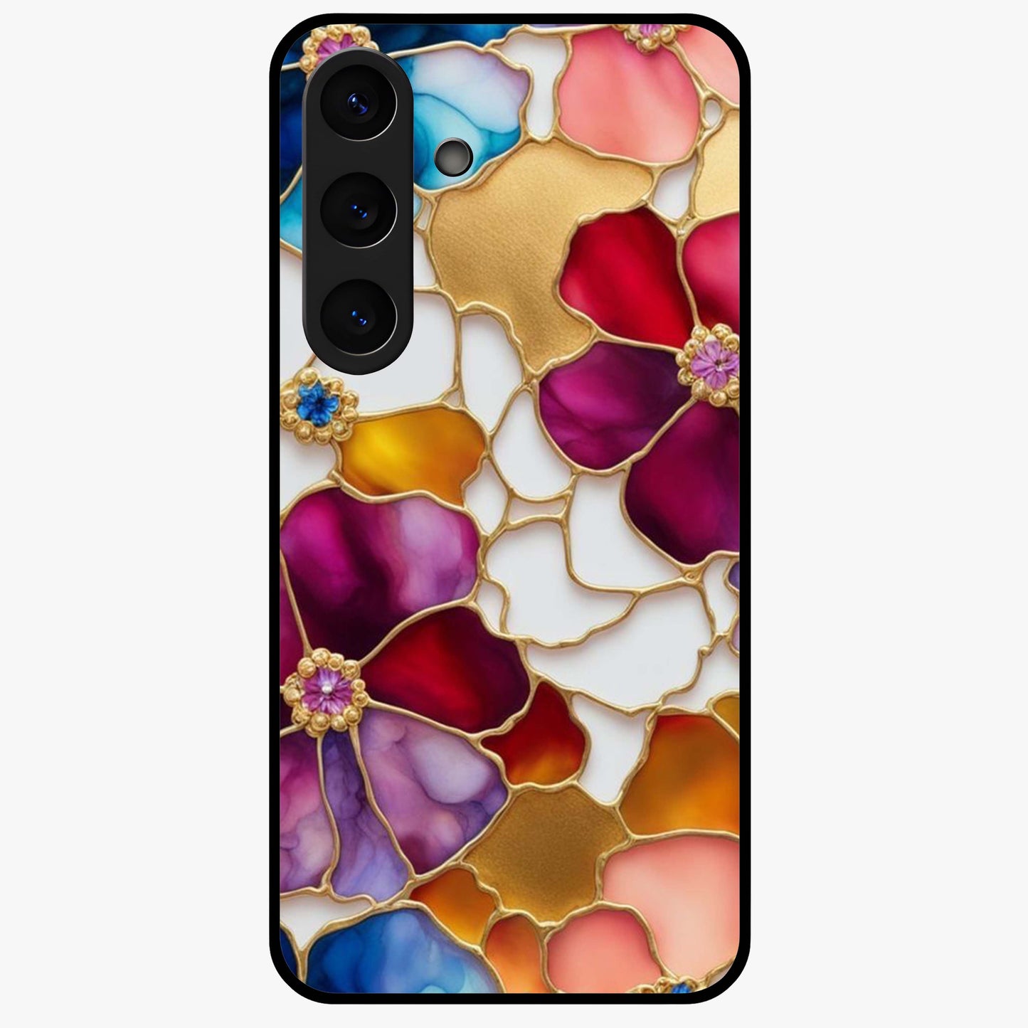 Marble Flower Pattern Glass Case showing flat back view with marble texture floral artwork and glossy glass finish.