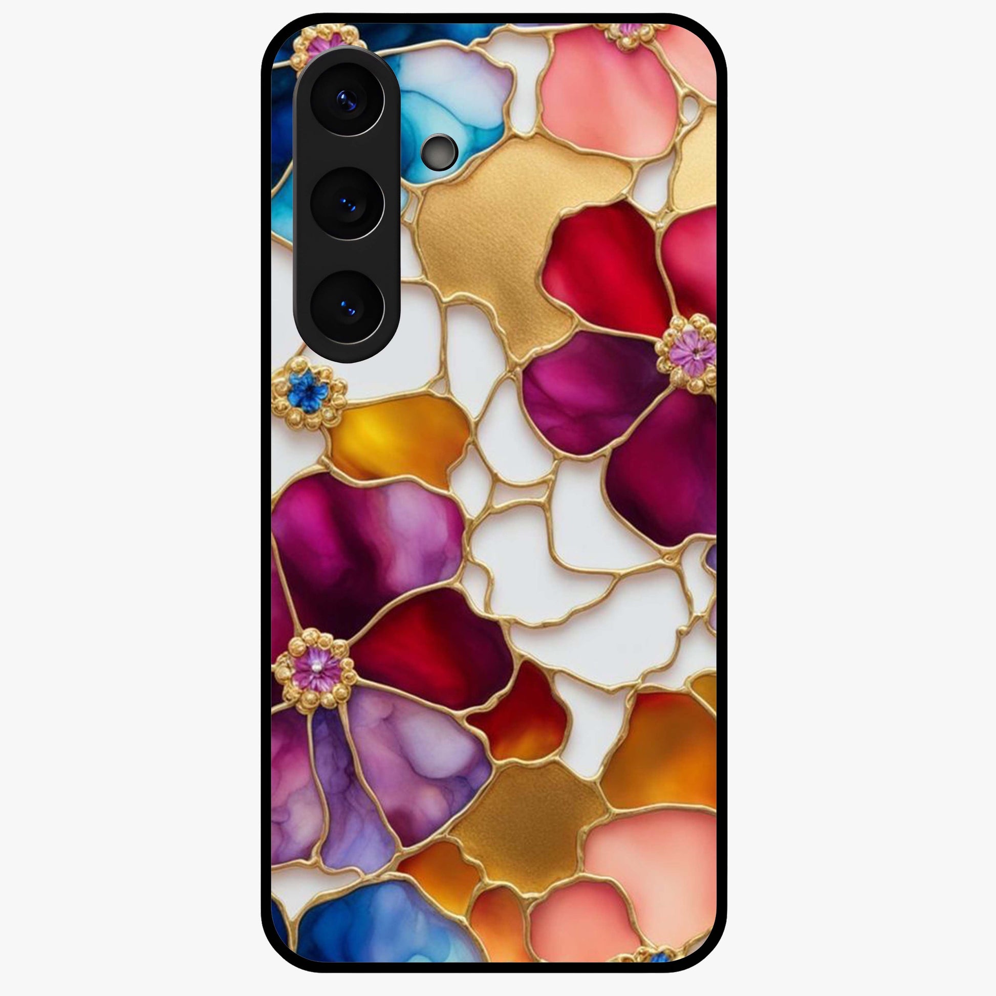 Marble Flower Pattern Glass Case showing flat back view with marble texture floral artwork and glossy glass finish.