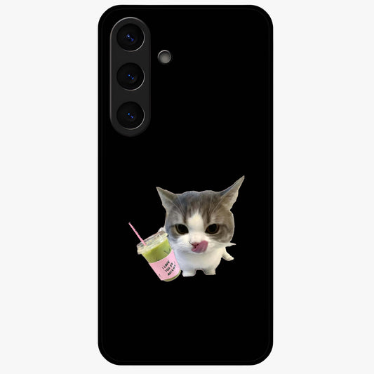 Matcha Cat Style Glass Case showing flat back view with cute matcha themed cat artwork and glossy glass finish.