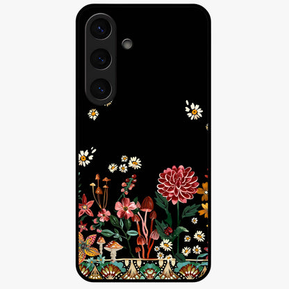 Midnight Bloom Pattern Glass Case showing flat back view with dark floral pattern artwork and glossy glass finish.