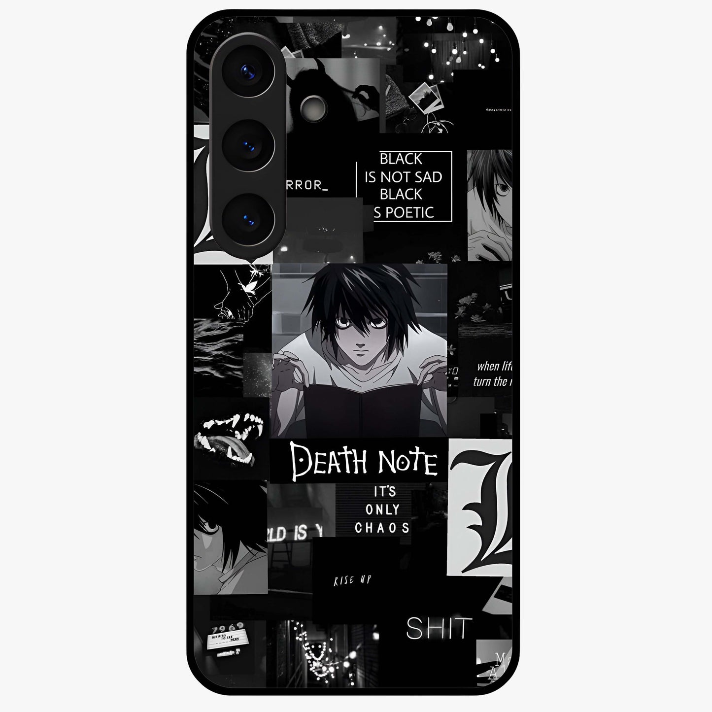 Midnight Chaos Mind Glass Case showing flat back view with abstract dark themed artwork and glossy glass finish.