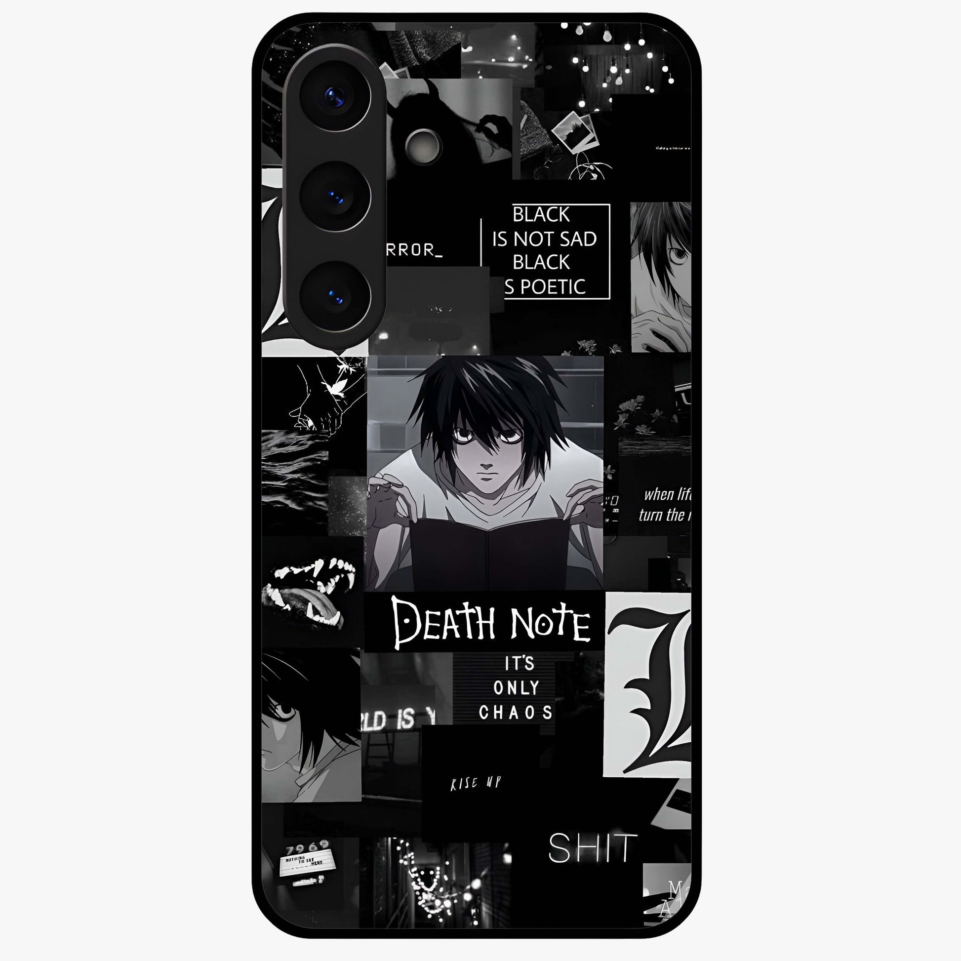 Midnight Chaos Mind Glass Case showing flat back view with abstract dark themed artwork and glossy glass finish.
