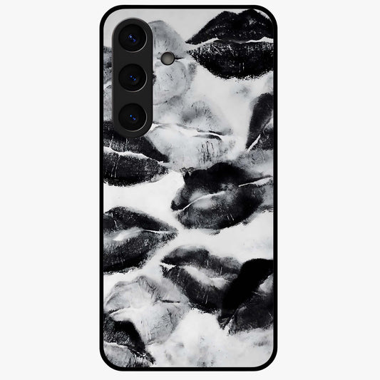 Midnight Kiss Marks Glass Case showing flat back view with lipstick kiss mark artwork and glossy glass finish.