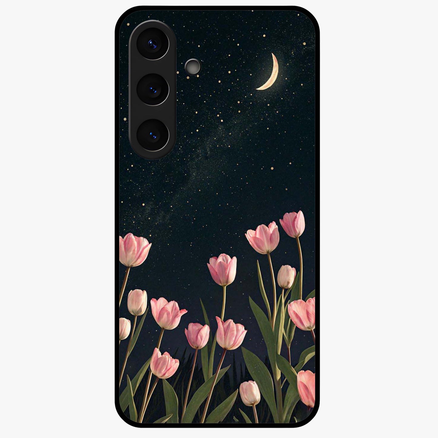 Midnight Tulip Whispers Vibe Glass Case showing flat back view with elegant tulip flower artwork and glossy glass finish.