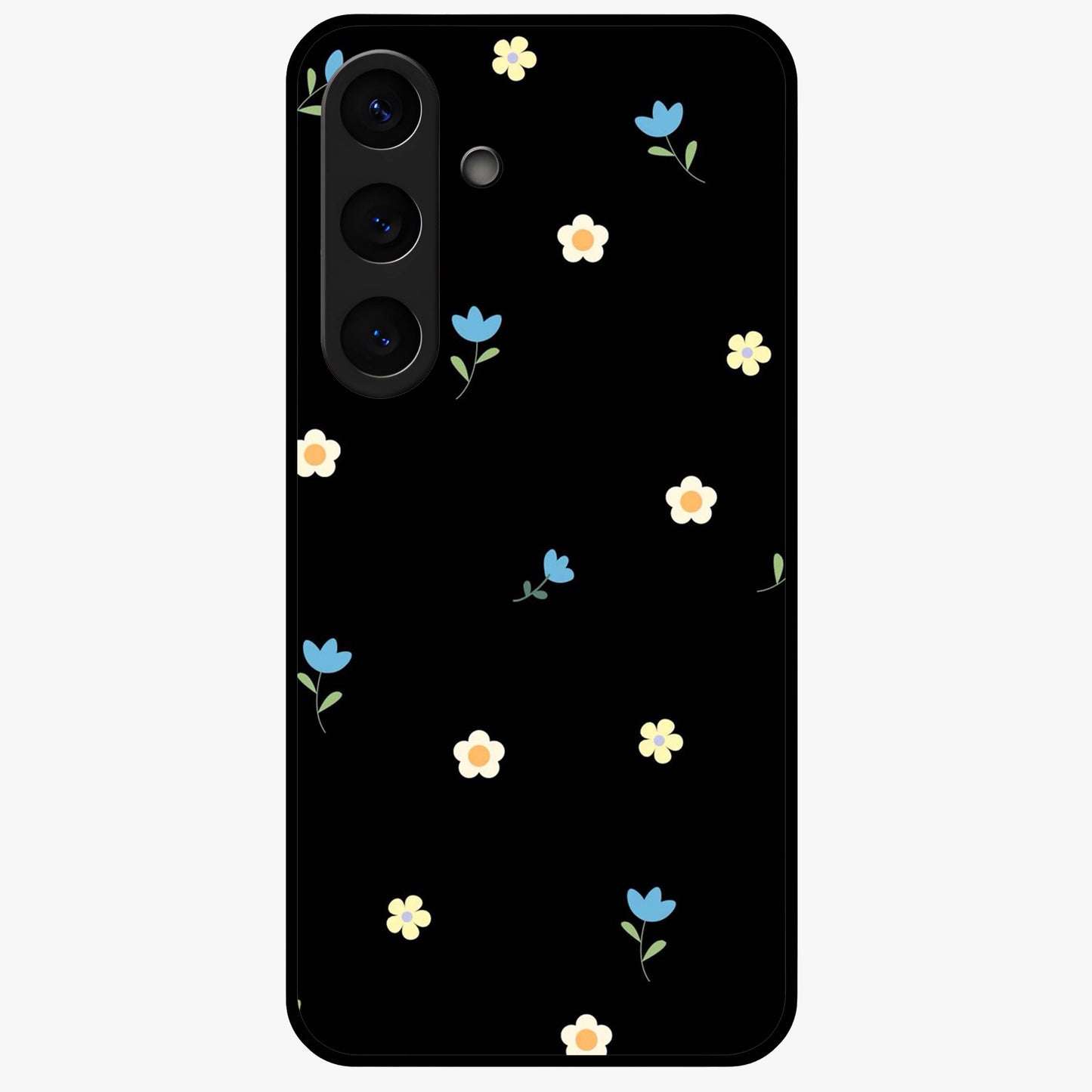 Minimalistic Blue With White Flower Pattern Glass Case showing flat back view with blue background and white flower pattern and glossy glass finish.