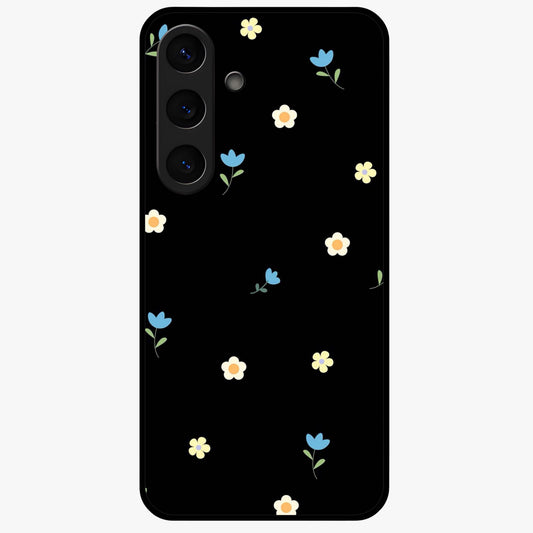 Minimalistic Blue With White Flower Pattern Glass Case showing flat back view with blue background and white flower pattern and glossy glass finish.