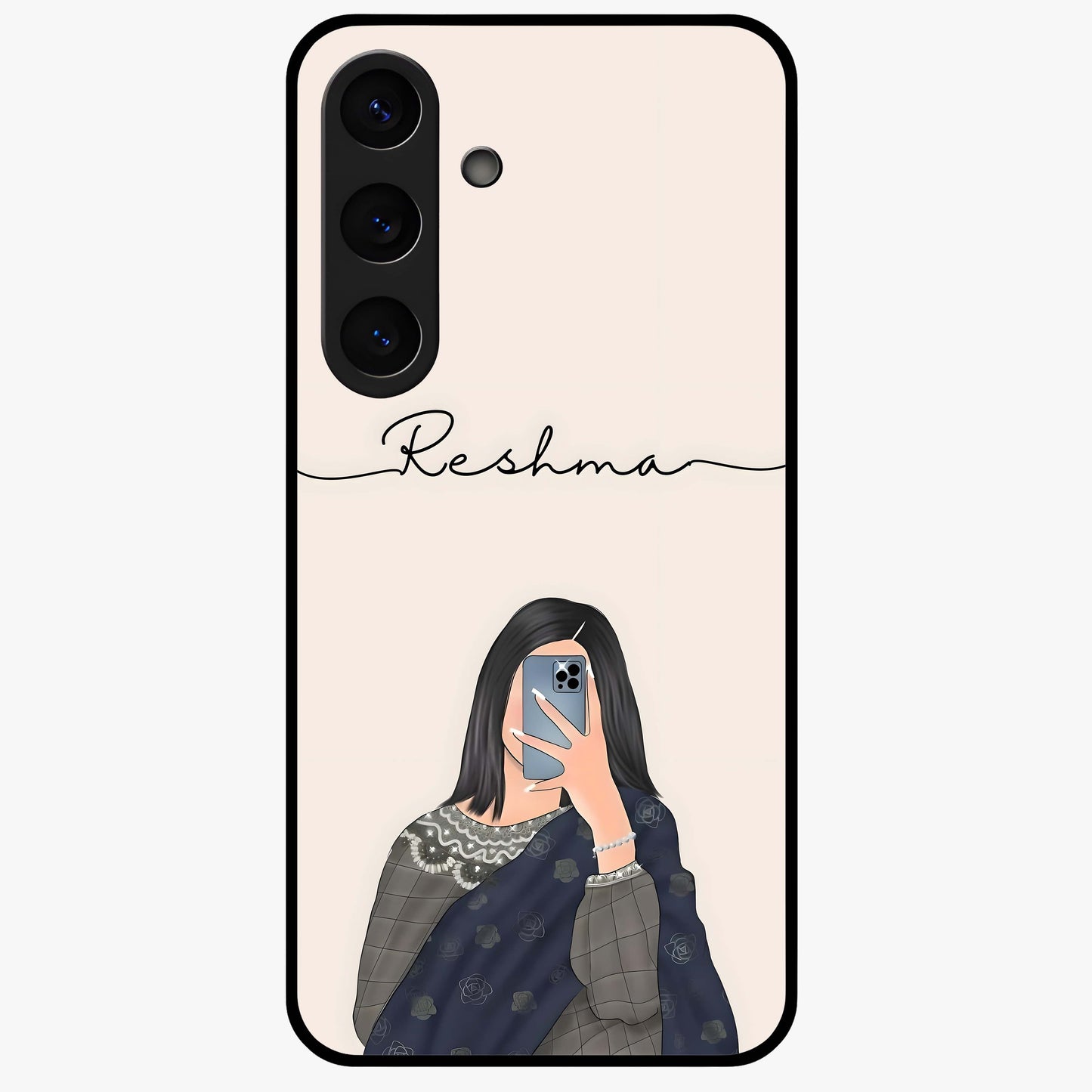 Mirror Mood Muse With Custom Name Glass Case showing flat back view with stylish mirrored artwork and personalized name design.