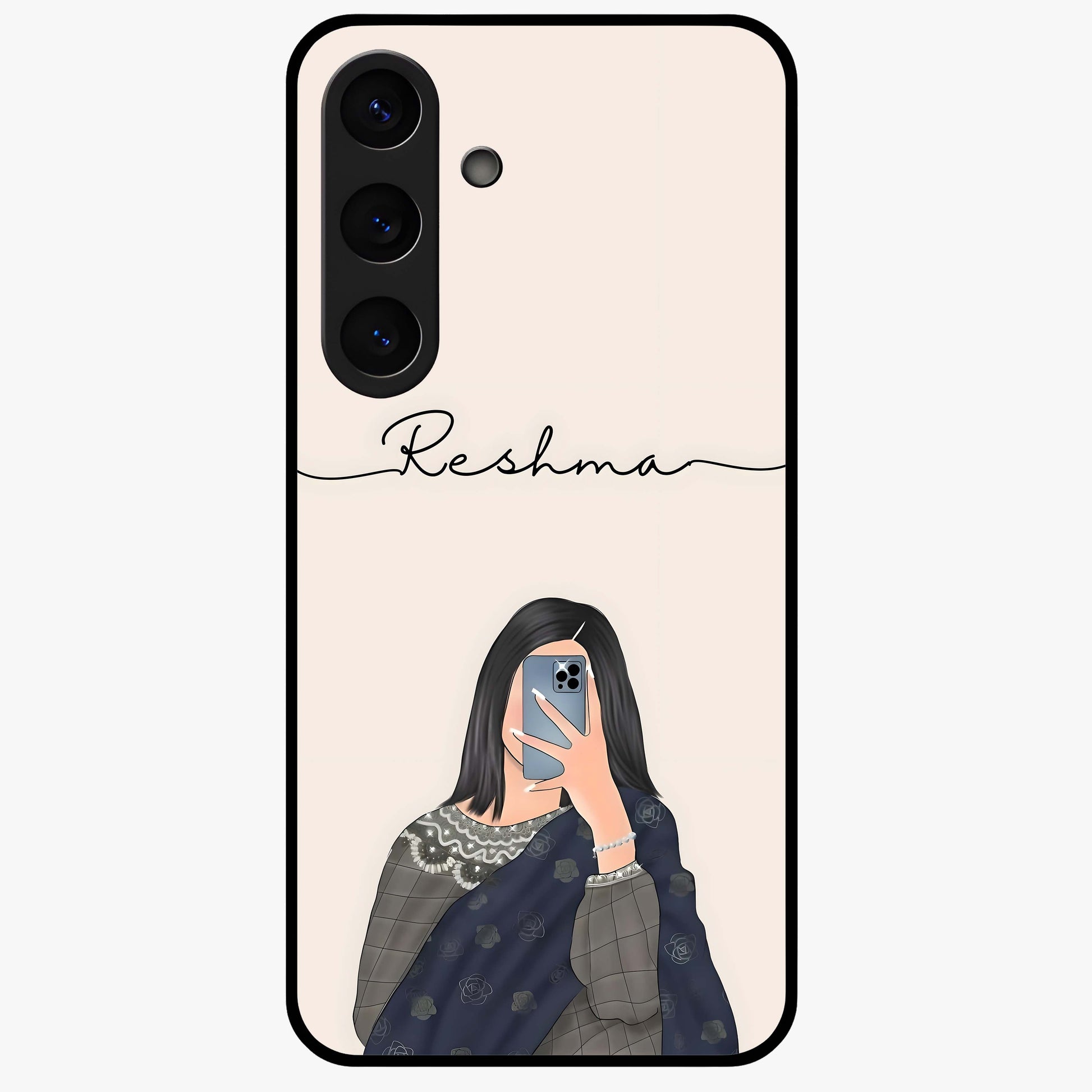 Mirror Mood Muse With Custom Name Glass Case showing flat back view with stylish mirrored artwork and personalized name design.