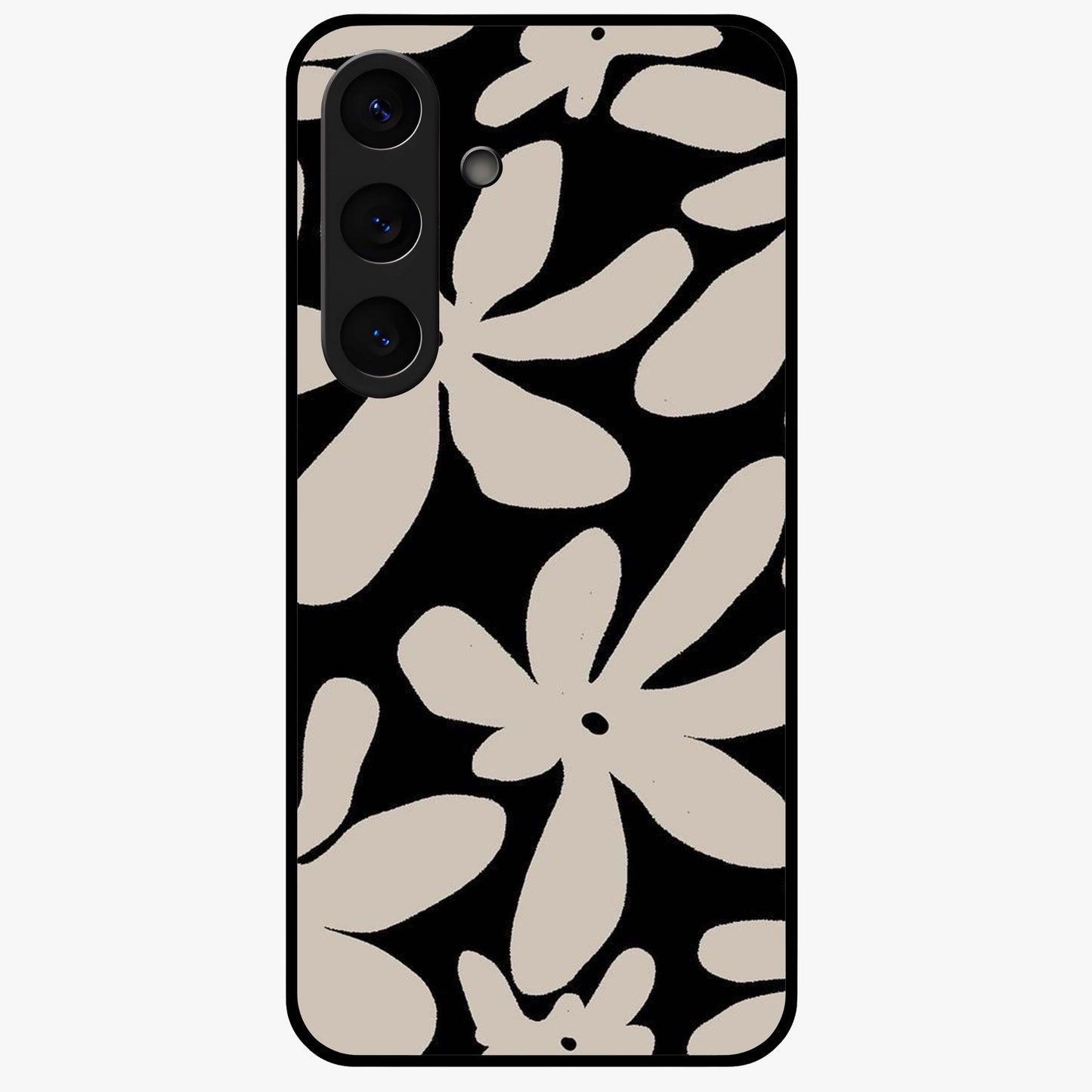 Monochrome Petal Dance Glass Case showing flat back view with monochrome floral artwork and glossy glass finish.