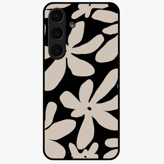 Monochrome Petal Dance Glass Case showing flat back view with monochrome floral artwork and glossy glass finish.