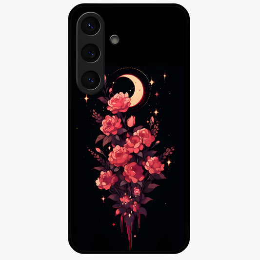 Moonlit Floral Elegance Glass Case showing flat back view with elegant floral artwork under moonlit tones and glossy glass finish.