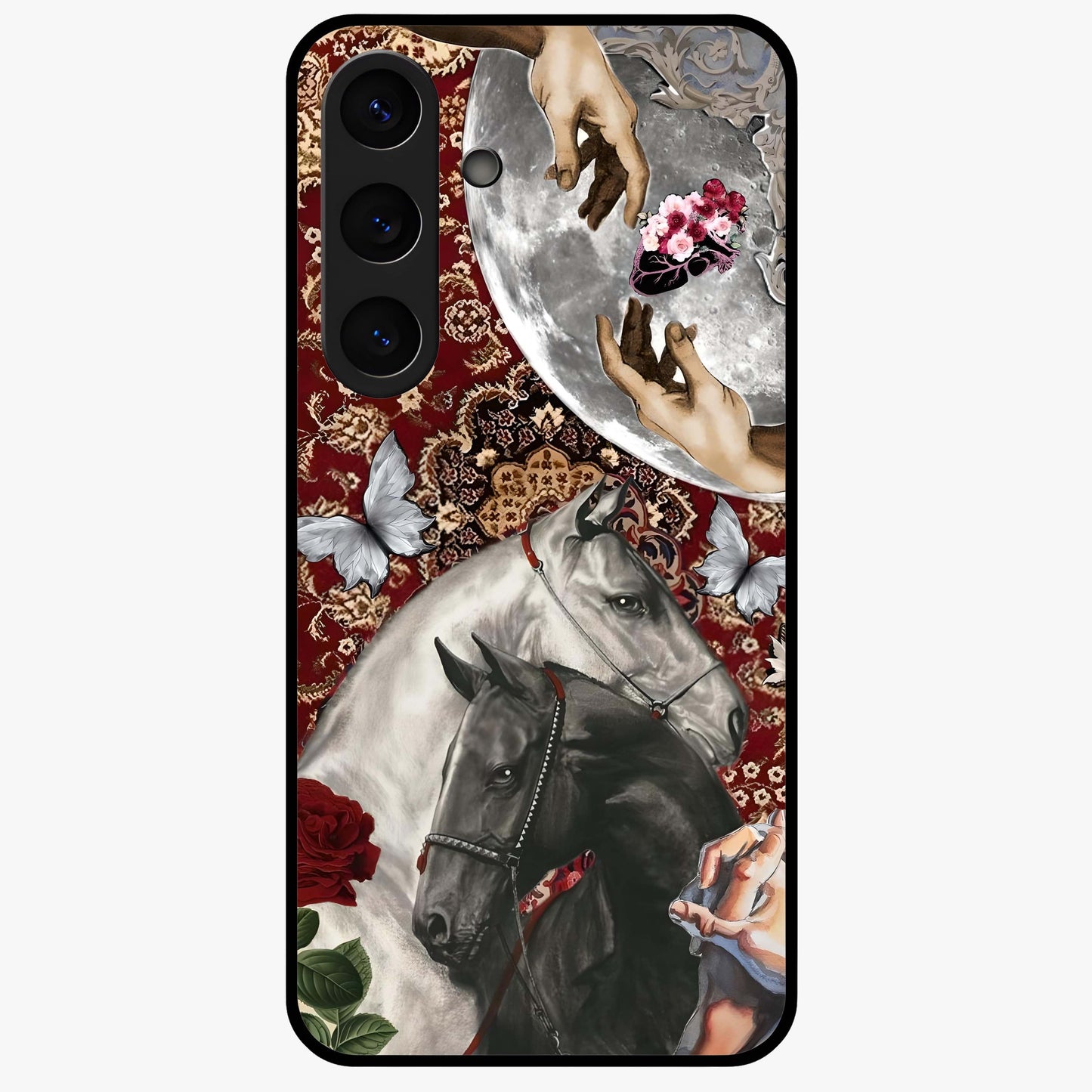 Moonlit Royal Stallion Glass Case showing flat back view with majestic horse under moonlight artwork and glossy glass finish.