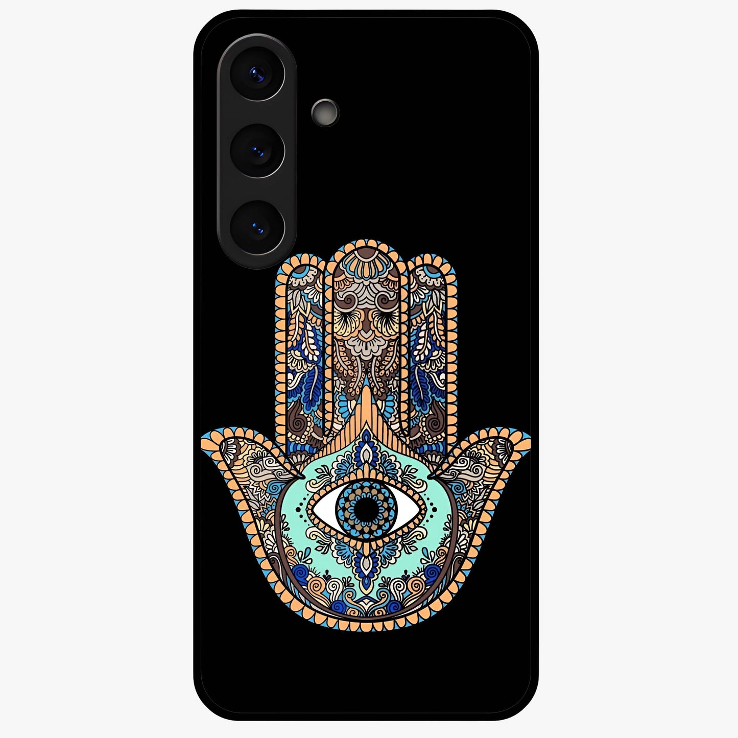 Mystic Hamsa Eye Glass Case showing flat back view with protective hamsa hand and evil eye artwork and glossy glass finish.