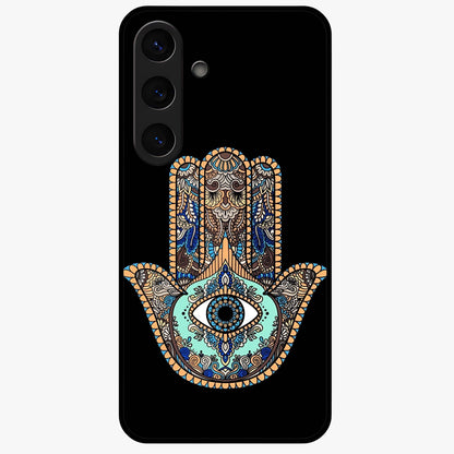 Mystic Hamsa Eye Glass Case showing flat back view with protective hamsa hand and evil eye artwork and glossy glass finish.
