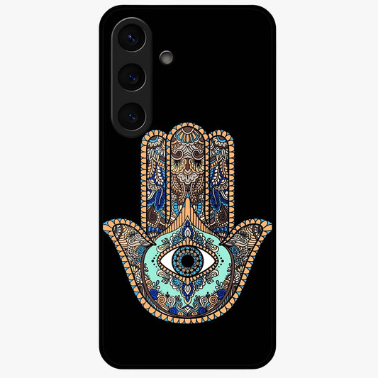 Mystic Hamsa Eye Glass Case showing flat back view with protective hamsa hand and evil eye artwork and glossy glass finish.
