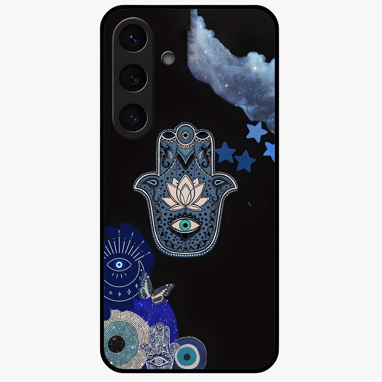Mystic Hand Aura Glass Case showing flat back view with mystical hand symbol artwork and glossy glass finish.