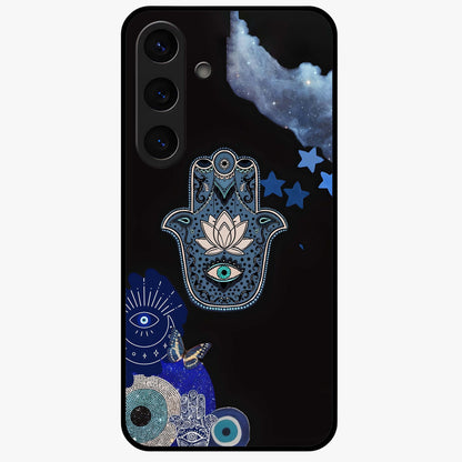 Mystic Hand Aura Glass Case showing flat back view with mystical hand symbol artwork and glossy glass finish.