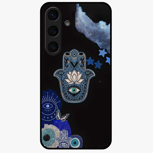 Mystic Hand Aura Glass Case showing flat back view with mystical hand symbol artwork and glossy glass finish.
