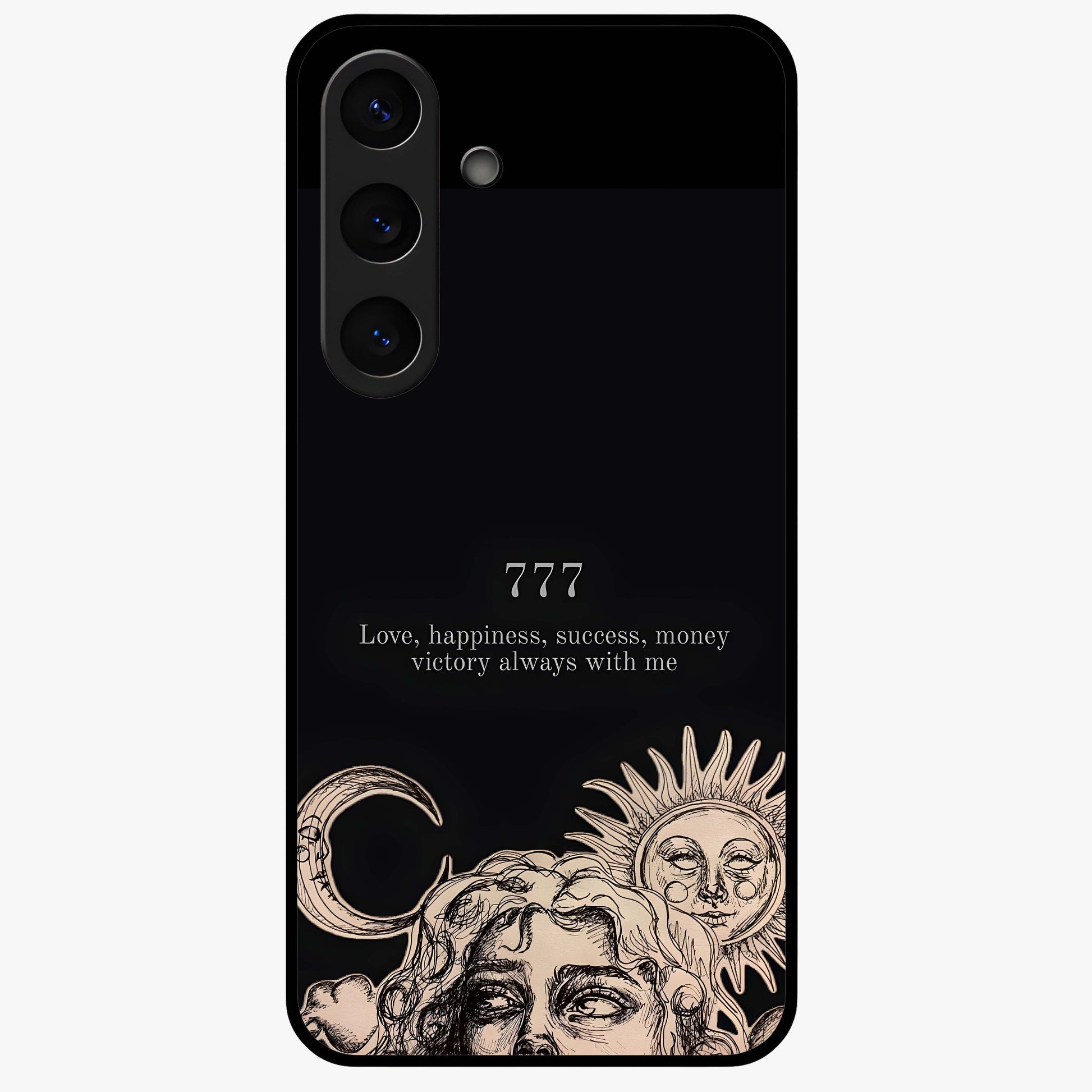 Mystic Victory Aura Glass Case showing flat back view with victory symbol artwork and glossy glass finish.