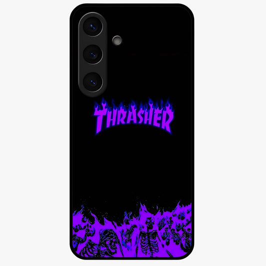 Neon Flame Riot Glass Case showing flat back view with neon flame artwork and glossy glass finish.
