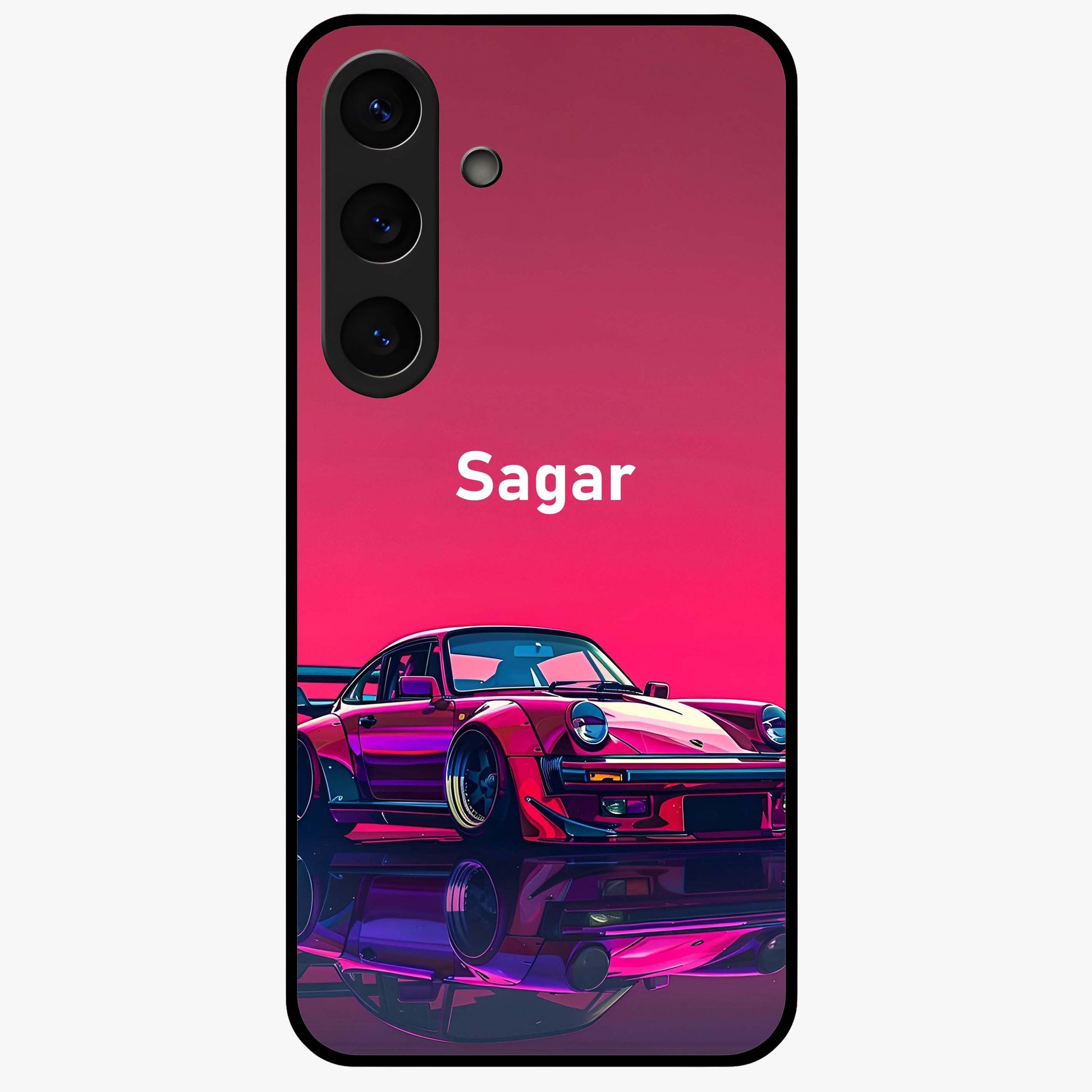 Neon Pink Porsche Glass Case showing flat back view with stylish sports car artwork and glossy glass finish.
