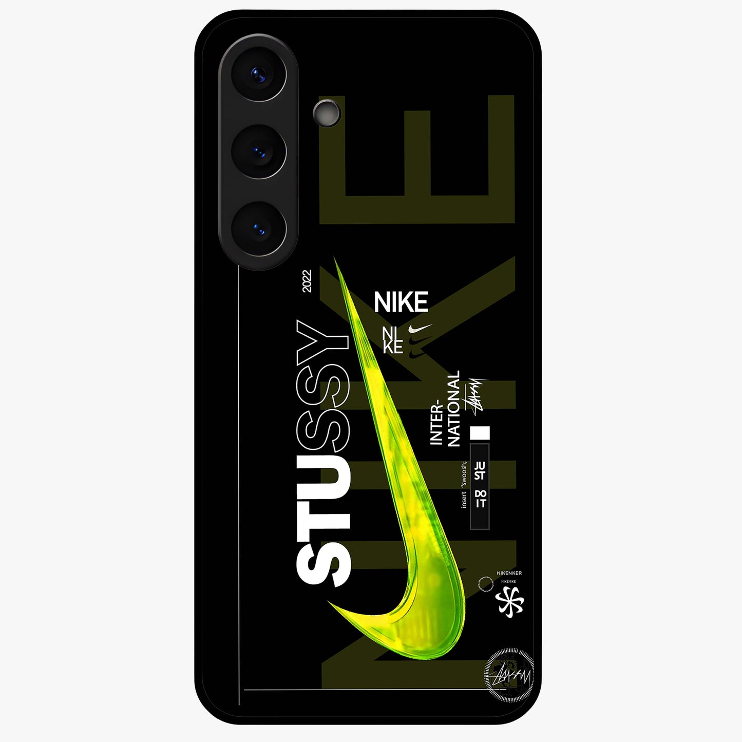 Neon Street Edition Glass Case showing flat back view with neon street style artwork and glossy glass finish.