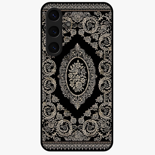 Noir Bloom Elegance Glass Case showing flat back view with elegant dark floral artwork and glossy glass finish.