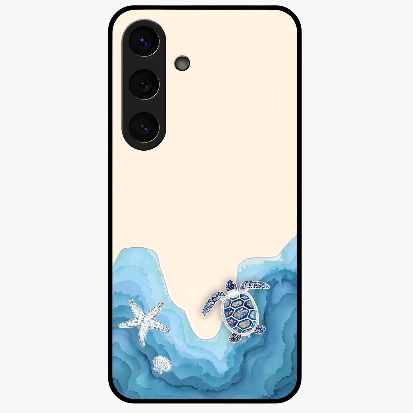Ocean Drift Turtle Glass Case showing flat back view with sea turtle artwork and glossy glass finish.
