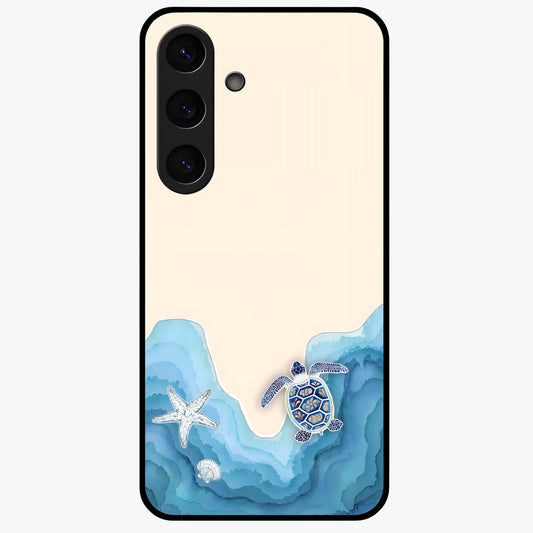 Ocean Drift Turtle Glass Case showing flat back view with sea turtle artwork and glossy glass finish.