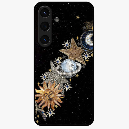 Pearls Universe Object Glass Case showing flat back view with pearl inspired cosmic artwork and glossy glass finish.