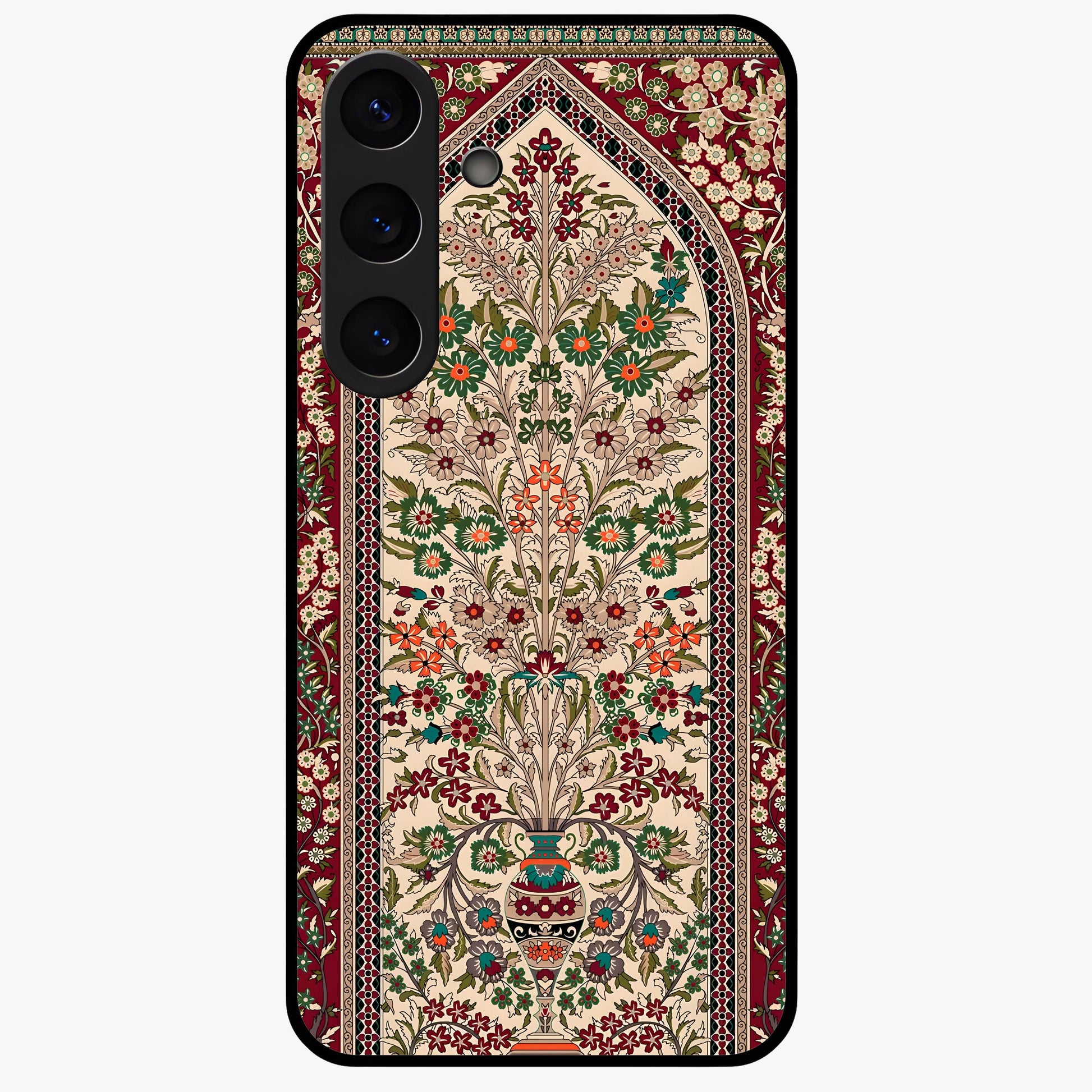 Persian Inspired Glass Case showing flat back view with ornate Persian style pattern artwork and glossy glass finish.