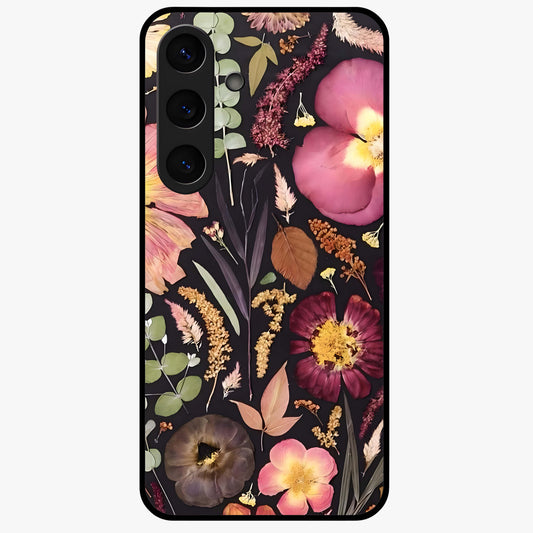 Petal Dream Tapestry Glass Case showing flat back view with intricate floral tapestry artwork and glossy glass finish.