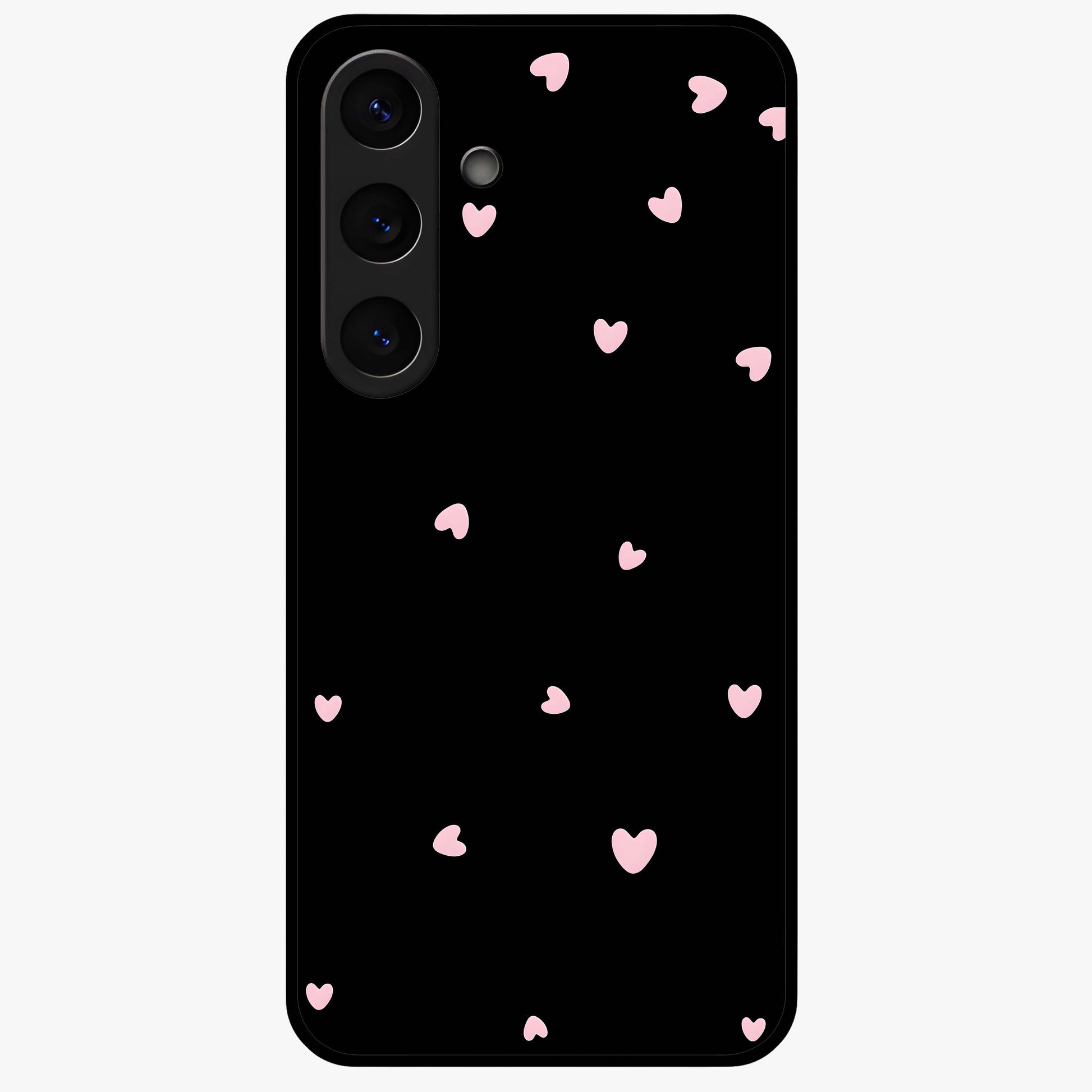 Pink Love Drops Glass Case showing flat back view with playful pink heart drops artwork and glossy glass finish.