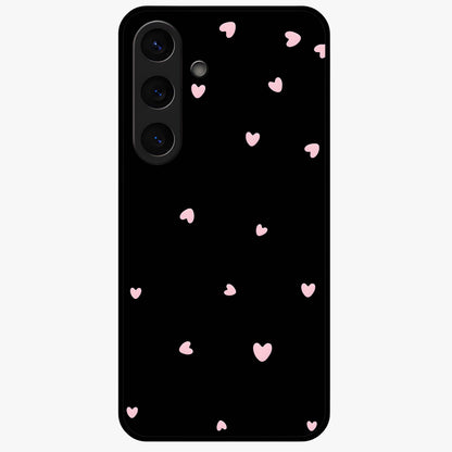 Pink Love Drops Glass Case showing flat back view with playful pink heart drops artwork and glossy glass finish.