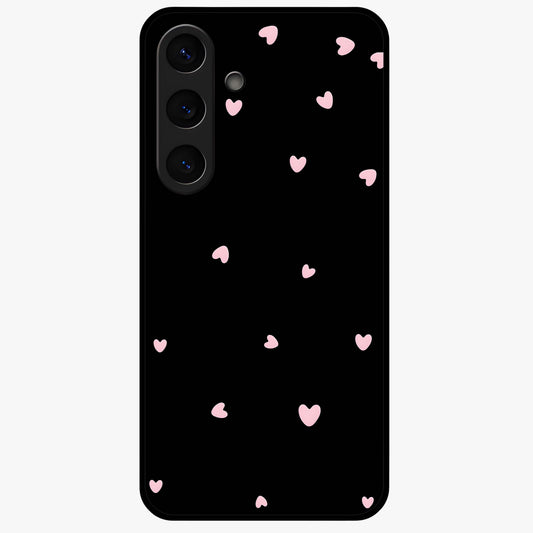 Pink Love Drops Glass Case showing flat back view with playful pink heart drops artwork and glossy glass finish.