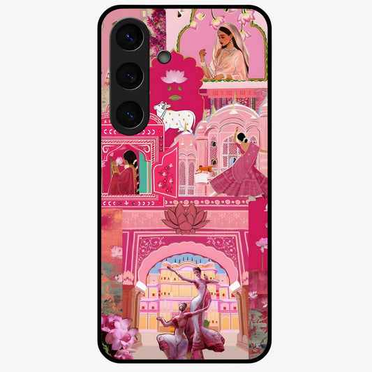 Pink Palace Muse Glass Case showing flat back view with elegant palace inspired artwork and glossy glass finish.