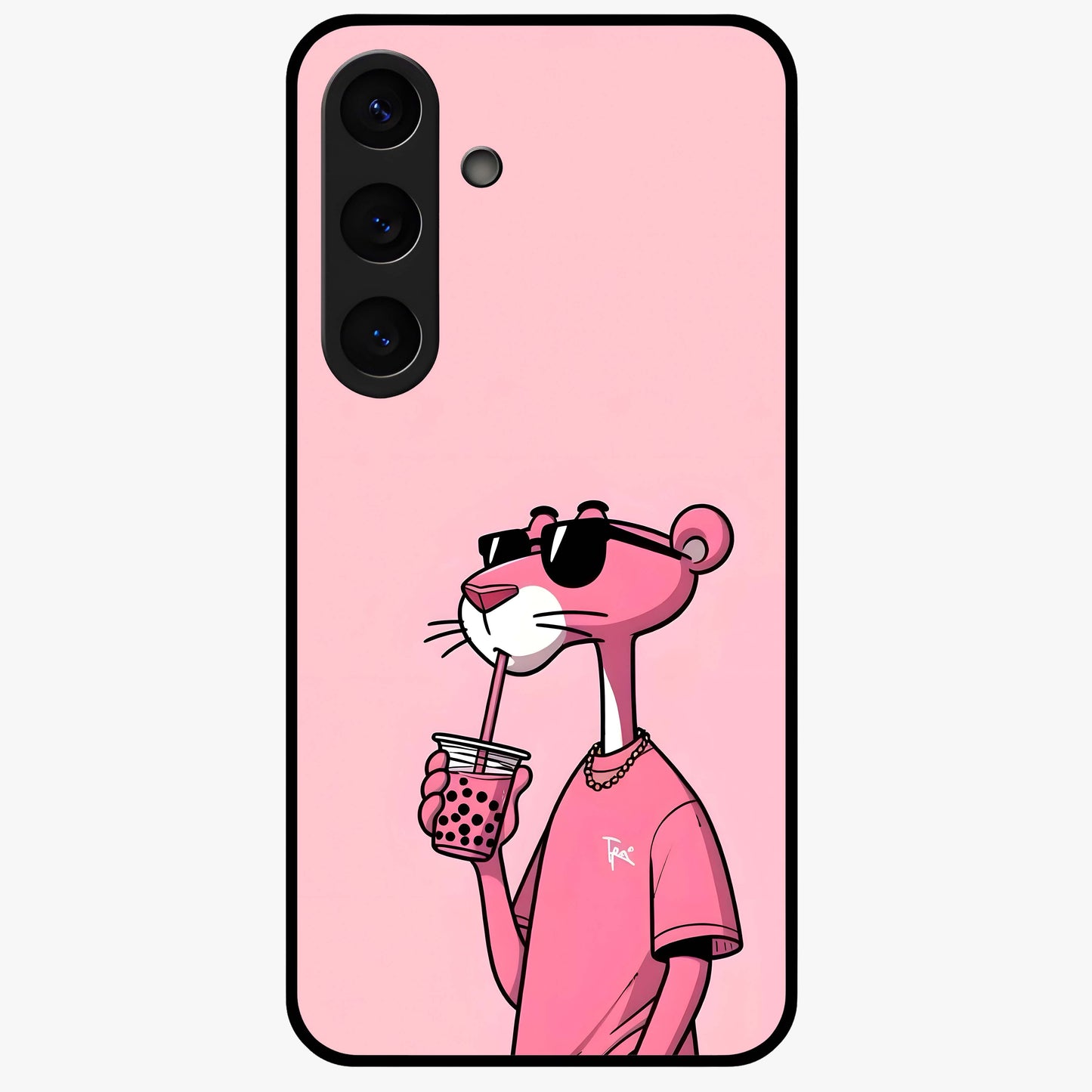 Pink Panther Glass Case showing flat back view with iconic pink panther artwork and glossy glass finish.