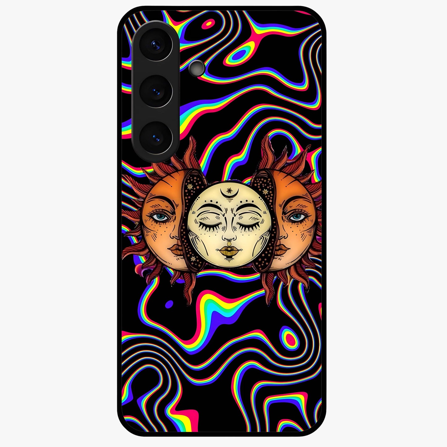 Psychedelic Sun Glass Case showing flat back view with colorful psychedelic sun artwork and glossy glass finish.