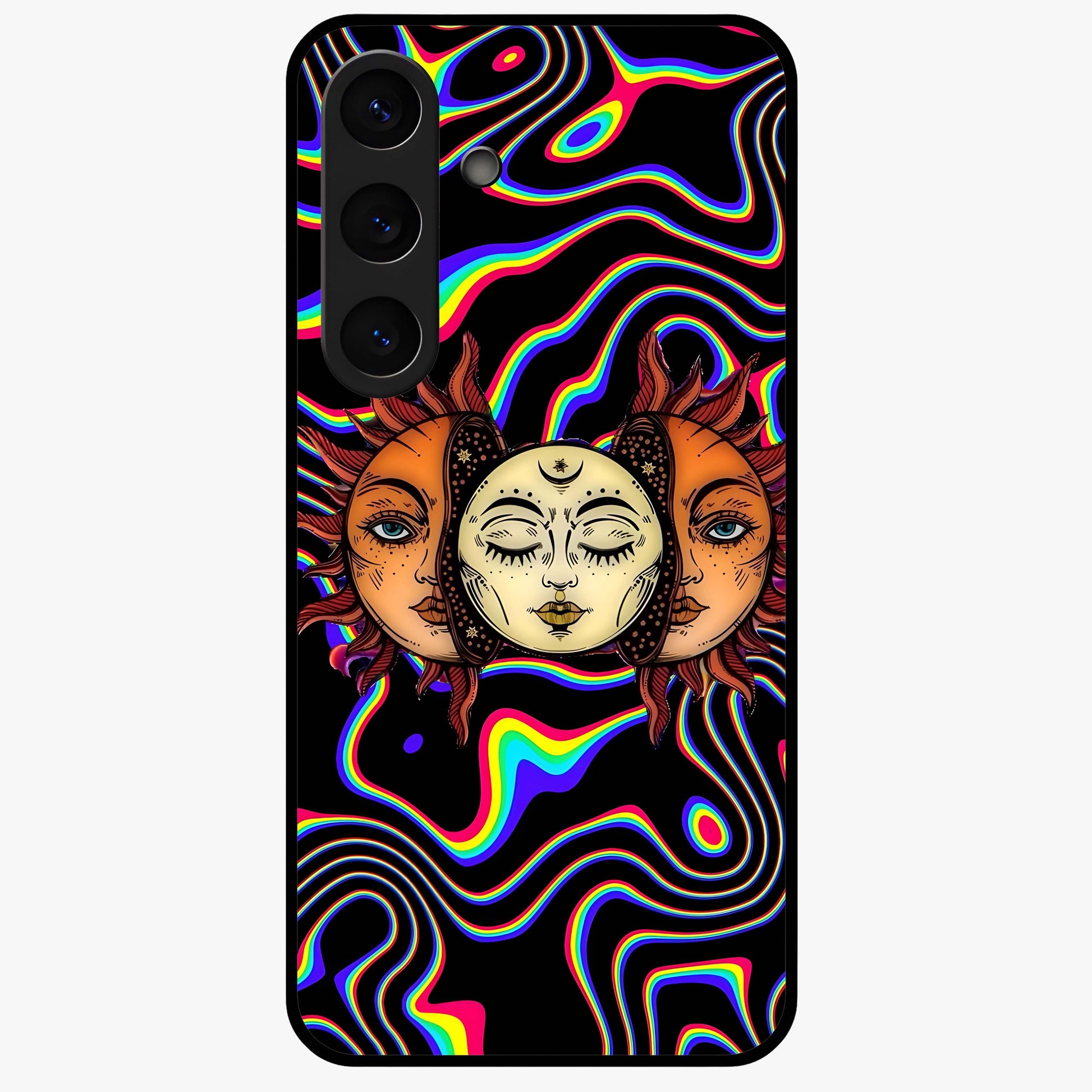 Psychedelic Sun Glass Case showing flat back view with colorful psychedelic sun artwork and glossy glass finish.