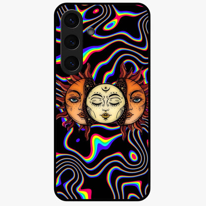 Psychedelic Sun Glass Case showing flat back view with colorful psychedelic sun artwork and glossy glass finish.