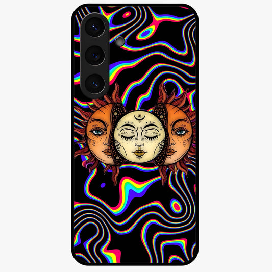 Psychedelic Sun Glass Case showing flat back view with colorful psychedelic sun artwork and glossy glass finish.