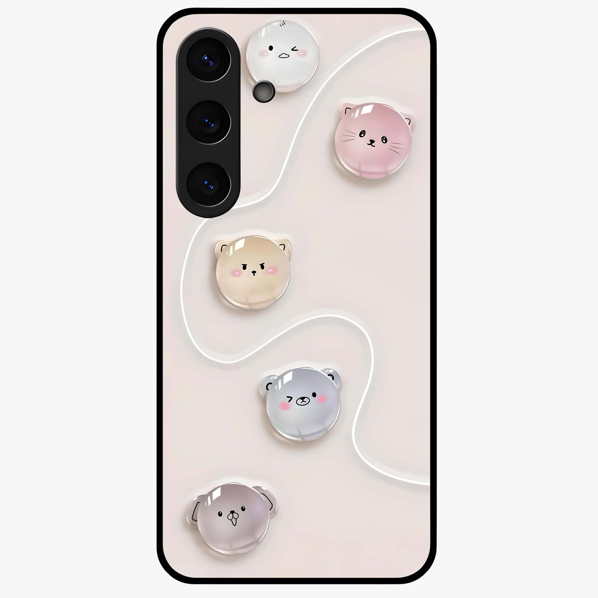 Puffy Face Parade Glass Case showing flat back view with cute puffy character faces artwork and glossy glass finish.