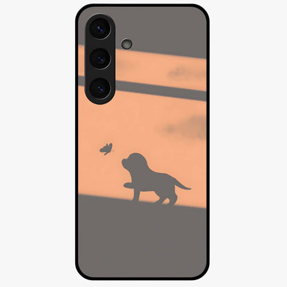 Puppy Shadow Art Glass Case showing flat back view with cute puppy shadow style artwork and glossy glass finish.