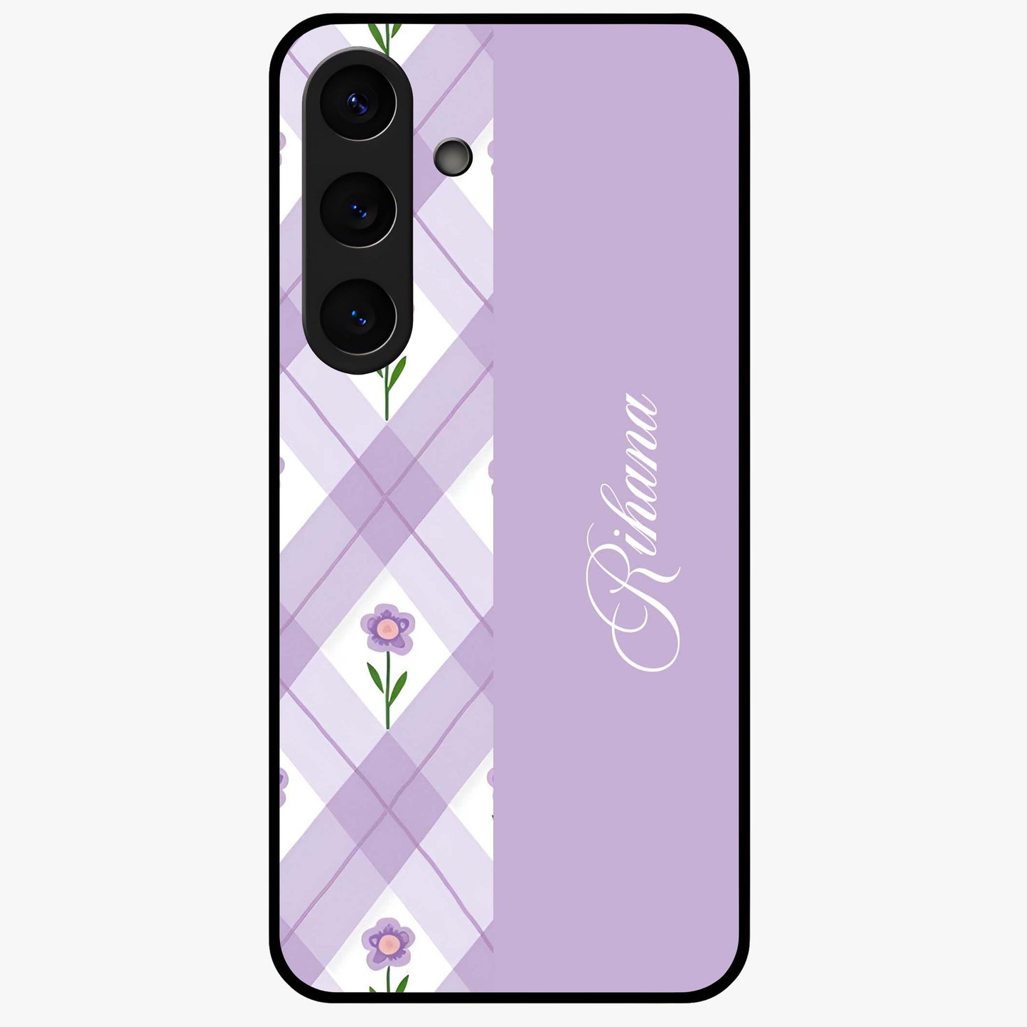 Purple Diamond Floral Glass Case showing flat back view with diamond shaped floral artwork and glossy glass finish.