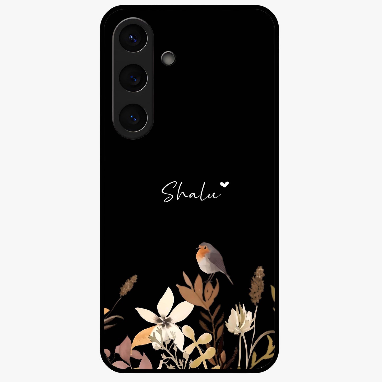 Quiet Garden Tune Custom Name Glass Case showing flat back view with peaceful garden artwork and personalized name design.