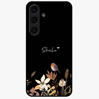 Quiet Garden Tune Custom Name Glass Case showing flat back view with peaceful garden artwork and personalized name design.