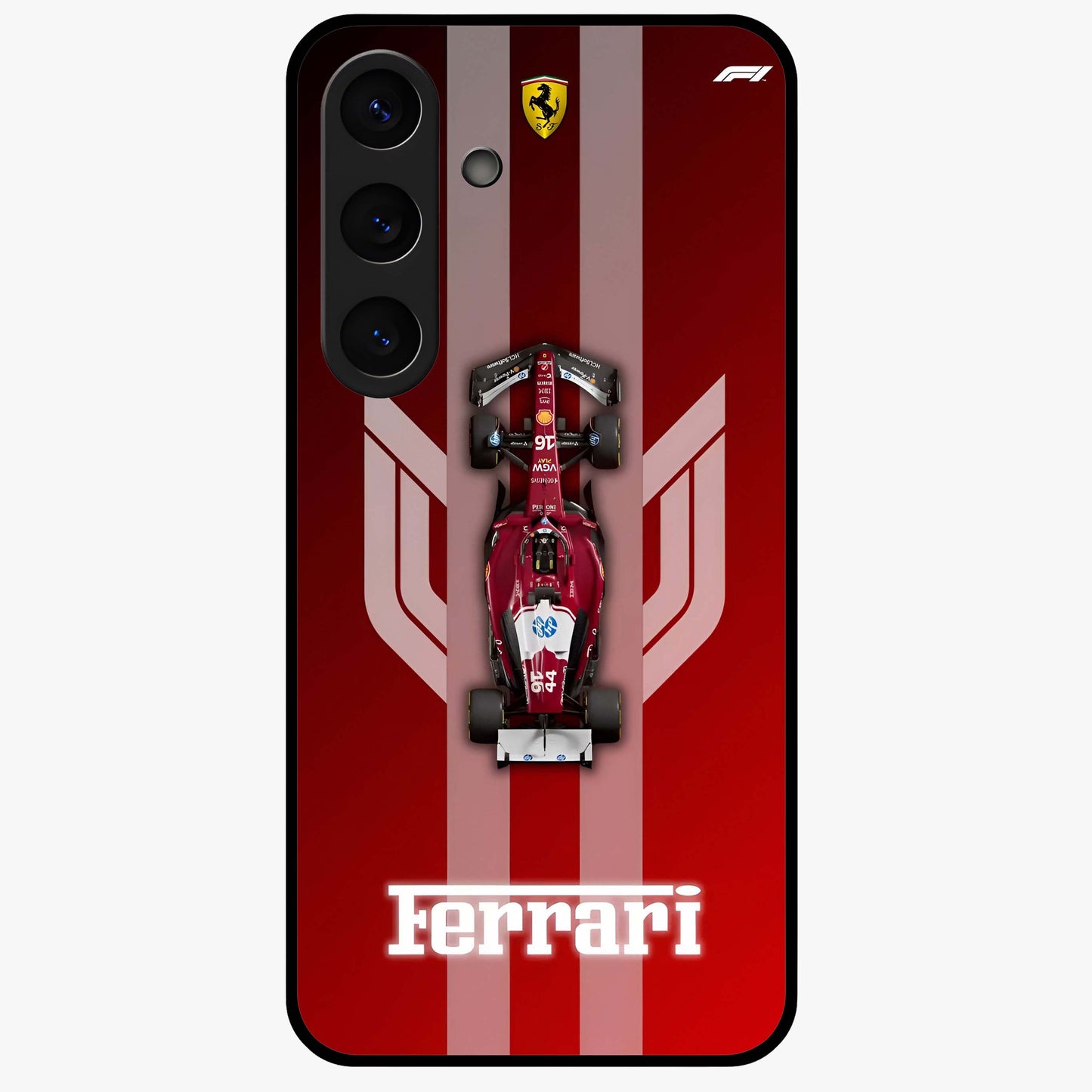 Red Ferrari F1 Vertical Glass Case showing flat back view with sleek Formula racing car artwork and glossy glass finish.