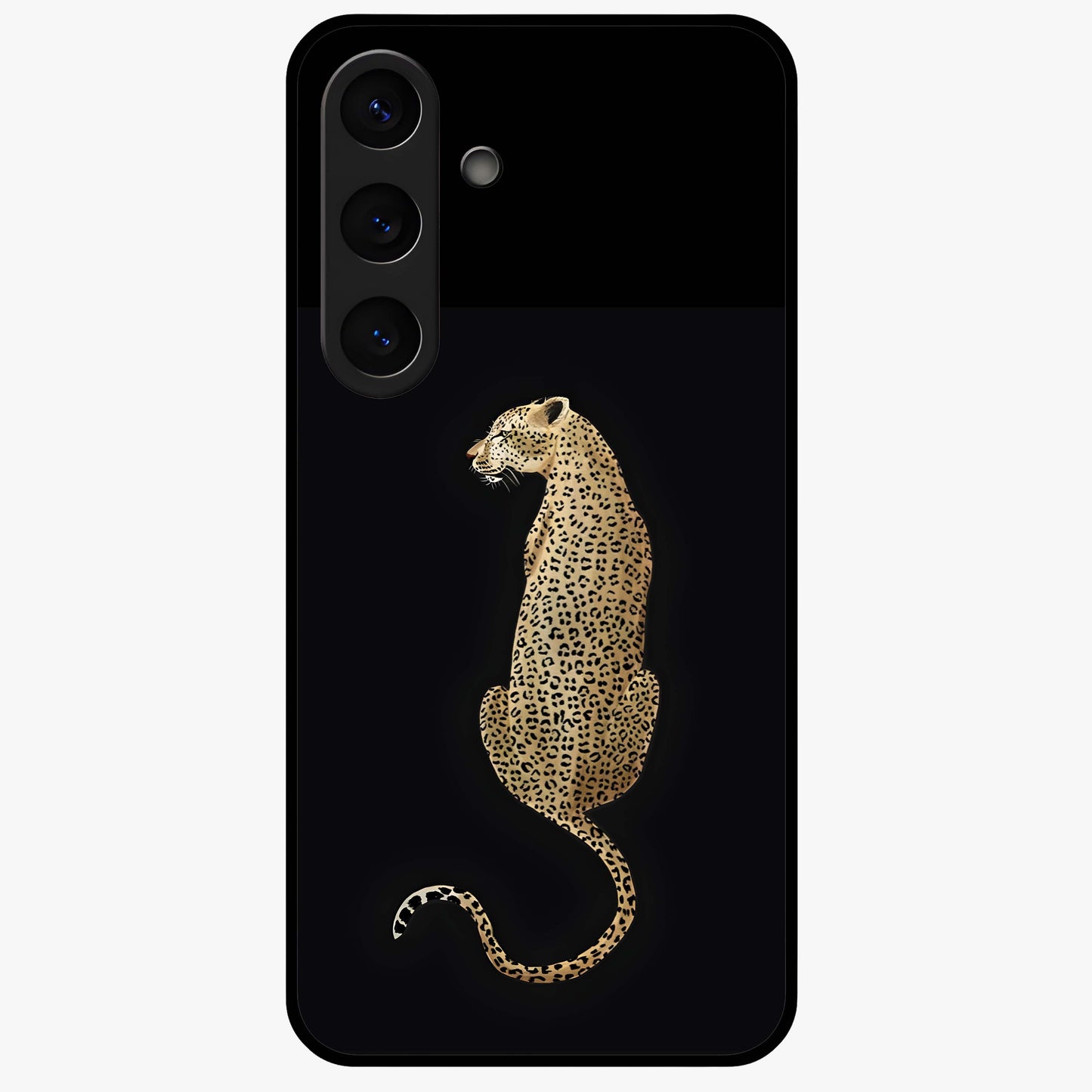Regal Leopard Glass Case showing flat back view with bold leopard artwork and glossy glass finish.