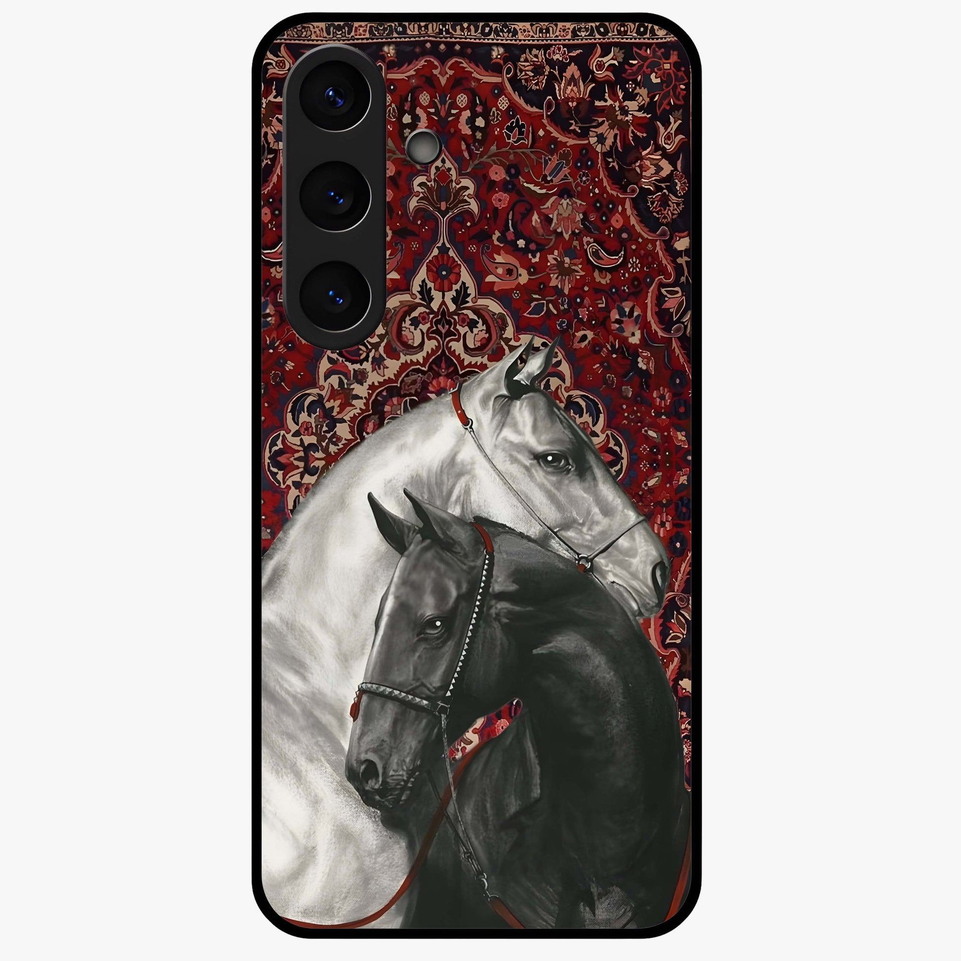 Regal Stallion Tapestry Glass Case showing flat back view with majestic horse tapestry artwork and glossy glass finish.