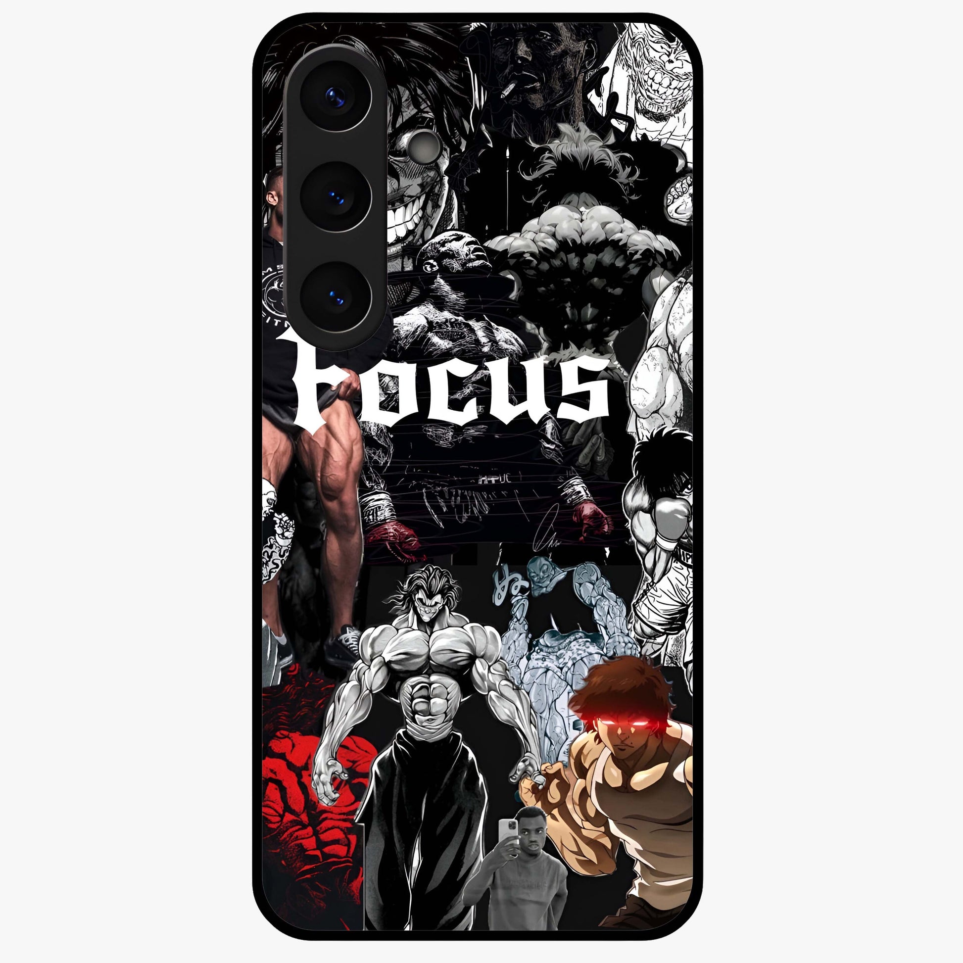 Relentless Power Focus Glass Case showing flat back view with motivational typography artwork and glossy glass finish.